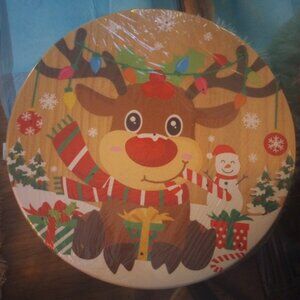 Xmas painted round wood board with hook & peg holes Multicolored New sealed!